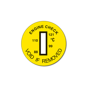 The Engine Check is a circular yellow label with a vertical column of four temperature sensitive cells that react at 88, 99, 110 and 121ºC. The cells change from white to black as each temperature is achieved. The label is adhesive backed and is typically used on remanufactured engines to show when normal operating temperatures have been exceeded through operational abuse, and provides evidence for warranty claims. The label also has text stating "Void If Removed" to discourage tampering..