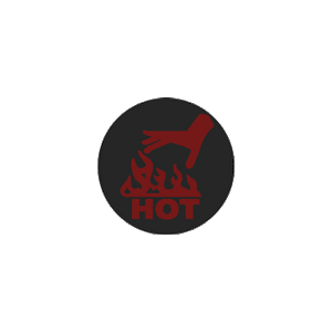 The Hand Hot Surface Safety Indicator label is a circular black label that changes colour to reveal a red warning logo on its surface, with a hand, flames and the word HOT. It is a reversible, self-adhesive temperature sensitive surface safety indicator label for use in environments where injury may occur. The label is completely black below 50ºC. When the surface temperature reaches or exceeds 50ºC the warning image appears in red. It is used where there is a risk of injury from touching hot surfaces.