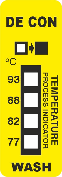 The DeCon label is a yellow label with black text. It has four temperature sensitive cells that change colour from white to black as each temperature is achieved. This label reacts at 77, 82, 88 and 93ºC and carries the text DECON WASH Temperature Process Indicator. It is typically used in applications where equipment is being washed as part of a sanitation program and critical temperatures must be achieved. 