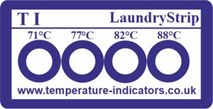 A white and blue rectangular adhesive label with 4 individual white cells that react to increasing temperature by changing colour from white to black. The label covers a range from 71ºC to 88ºC and is used for validating washing machine temperatures in laundry cycles.