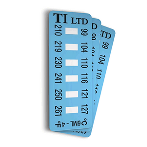 A blue and white rectangular adhesive label with 6 individual white cells that react to increasing temperature by changing colour from white to black. This label covers a range from 99ºC to 127ºC