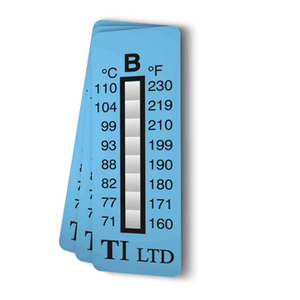A blue rectangular adhesive label with 8 individual white cells that react to increasing temperature by changing colour from white to black. This label covers a range from 71ºC to 110ºC