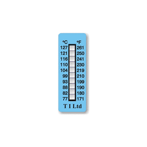 A blue rectangular adhesive label with 10 individual white cells that react to increasing temperature by changing colour from white to black. The label covers a range from 77ºC to 127ºC