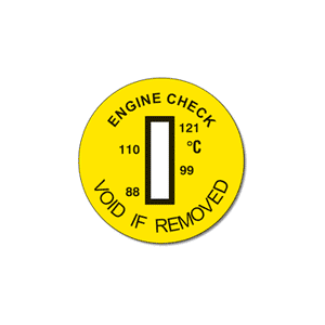 The Engine Check is a circular yellow label with a vertical column of four temperature sensitive cells that react at 88, 99, 110 and 121ºC. The cells change from white to black as each temperature is achieved. The label is adhesive backed and is typically used on remanufactured engines to show when normal operating temperatures have been exceeded through operational abuse, and provides evidence for warranty claims. The label also has text stating "Void If Removed" to discourage tampering.. 