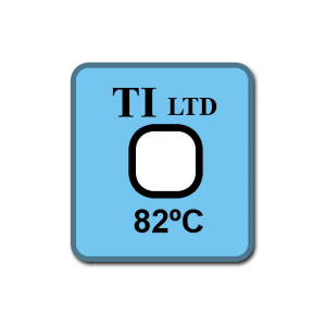 The image shows a square blue adhesive label with a square white cell at its centre. The cell has the text 82ºC below it on the label, and this is the temperature at which the colour change takes place on this label.  changes 
